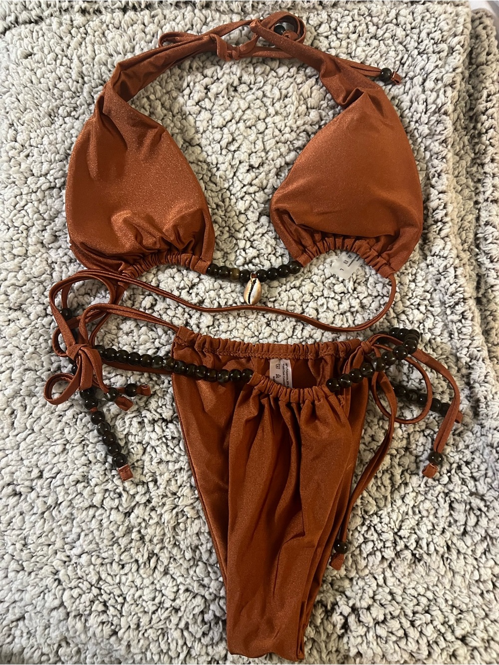 SHEIN Rust Brown/Orange Beaded Triangle Bikini